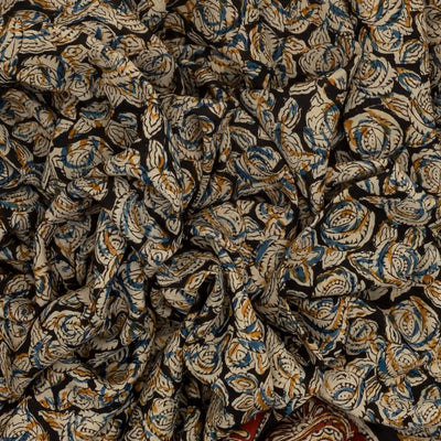 Black Handloom Kalamkari Cotton Saree And Printed Floral Motifs