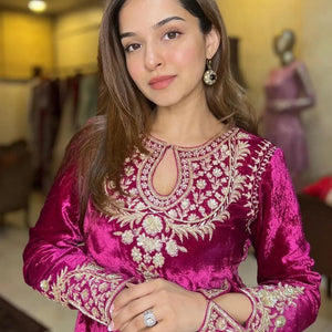 Premium Embroidery work Velvet Kurti Pant Dupatta Set ( Stitched)