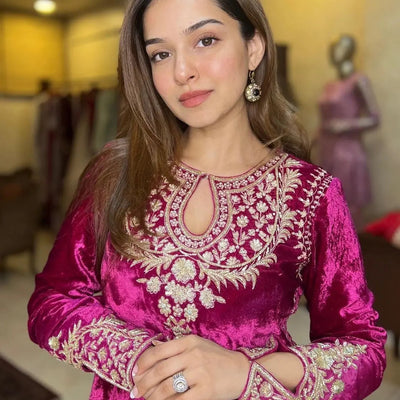 Premium Embroidery work Velvet Kurti Pant Dupatta Set ( Stitched)