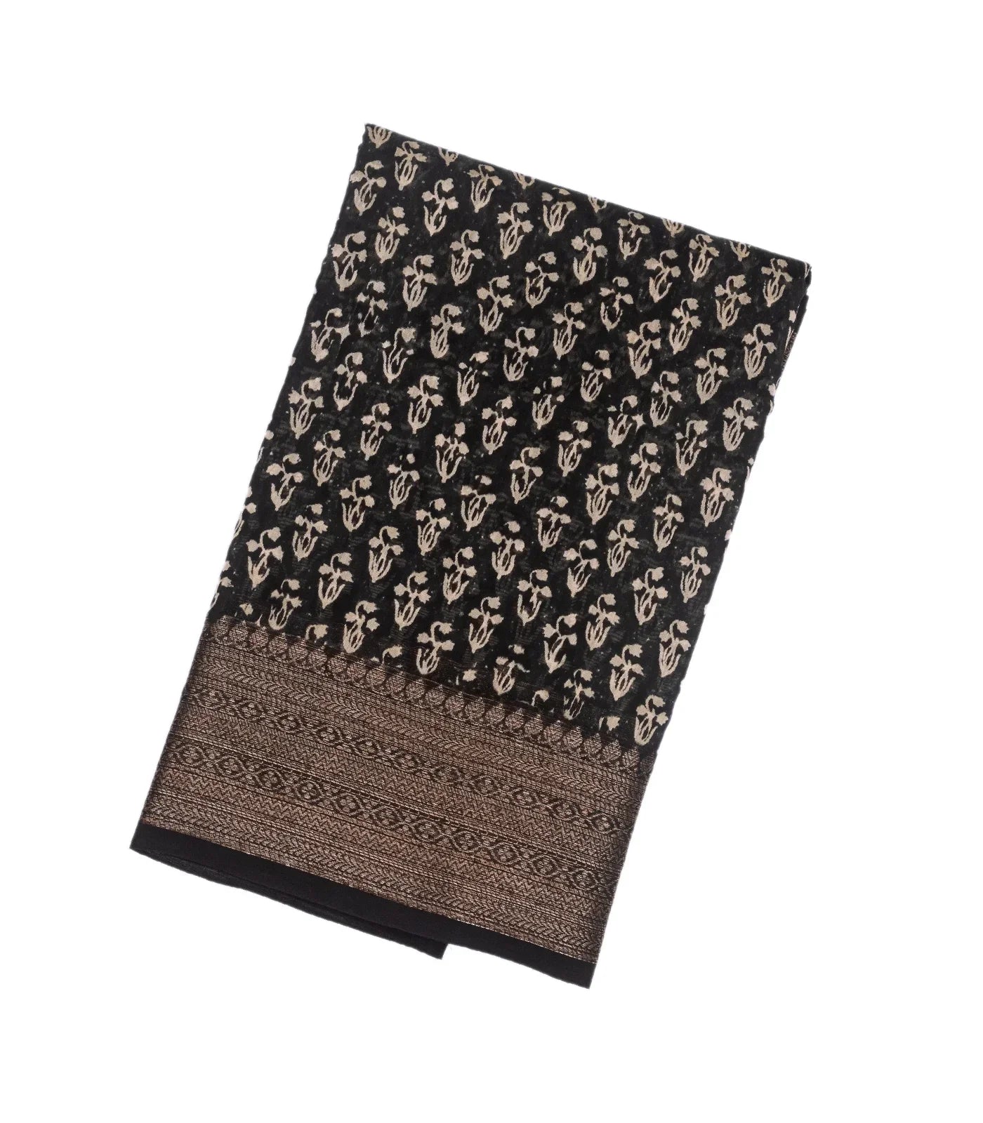 Black Woven Chanderi Printed Cotton Saree With zari Border