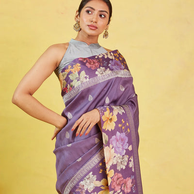 Lilac Handloom Tussar Silk Saree With Printed Border