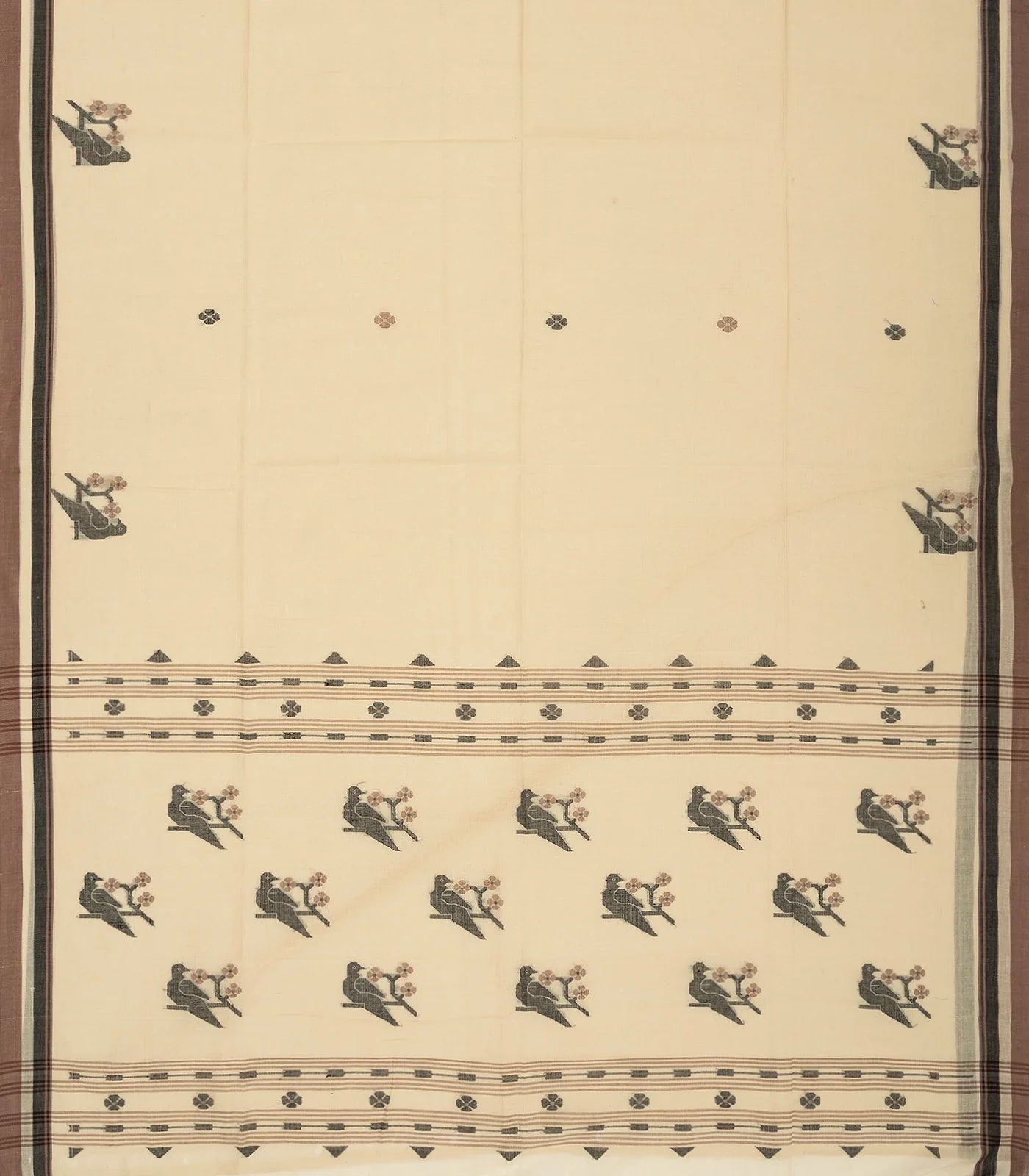 Taupe Handloom Bengal Cotton Saree With Bird Buttas