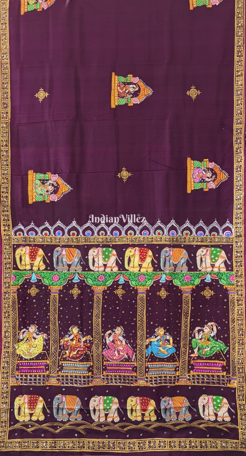 Maroon  Elephant & Shringar Ras Pattachitra Saree