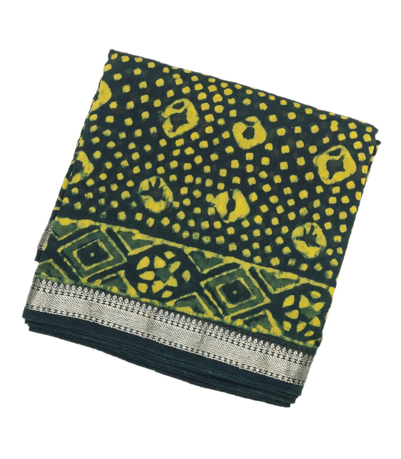 Bottle Green Chanderi Cotton Saree Printed With Dotted Motifs