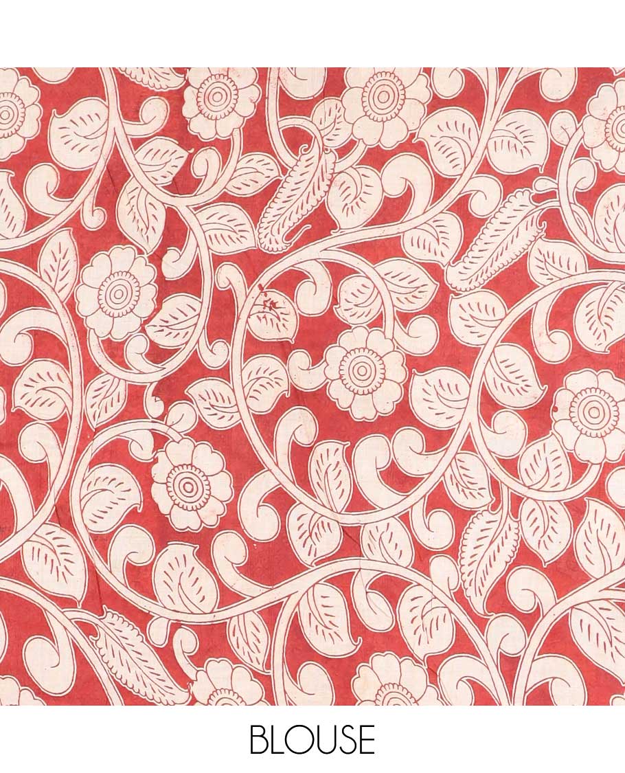 Cream floral & bird machine-print kalamkari cotton saree, contrast diamond border & kaleidoscopic floral printed pallu