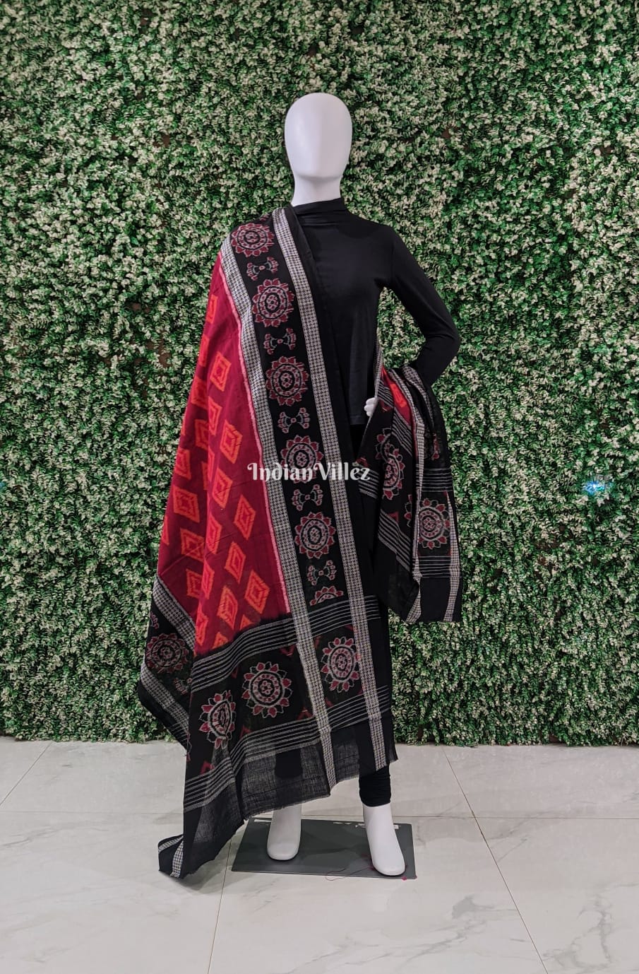 Maroon Black Odisha Ikat Cotton Dupatta