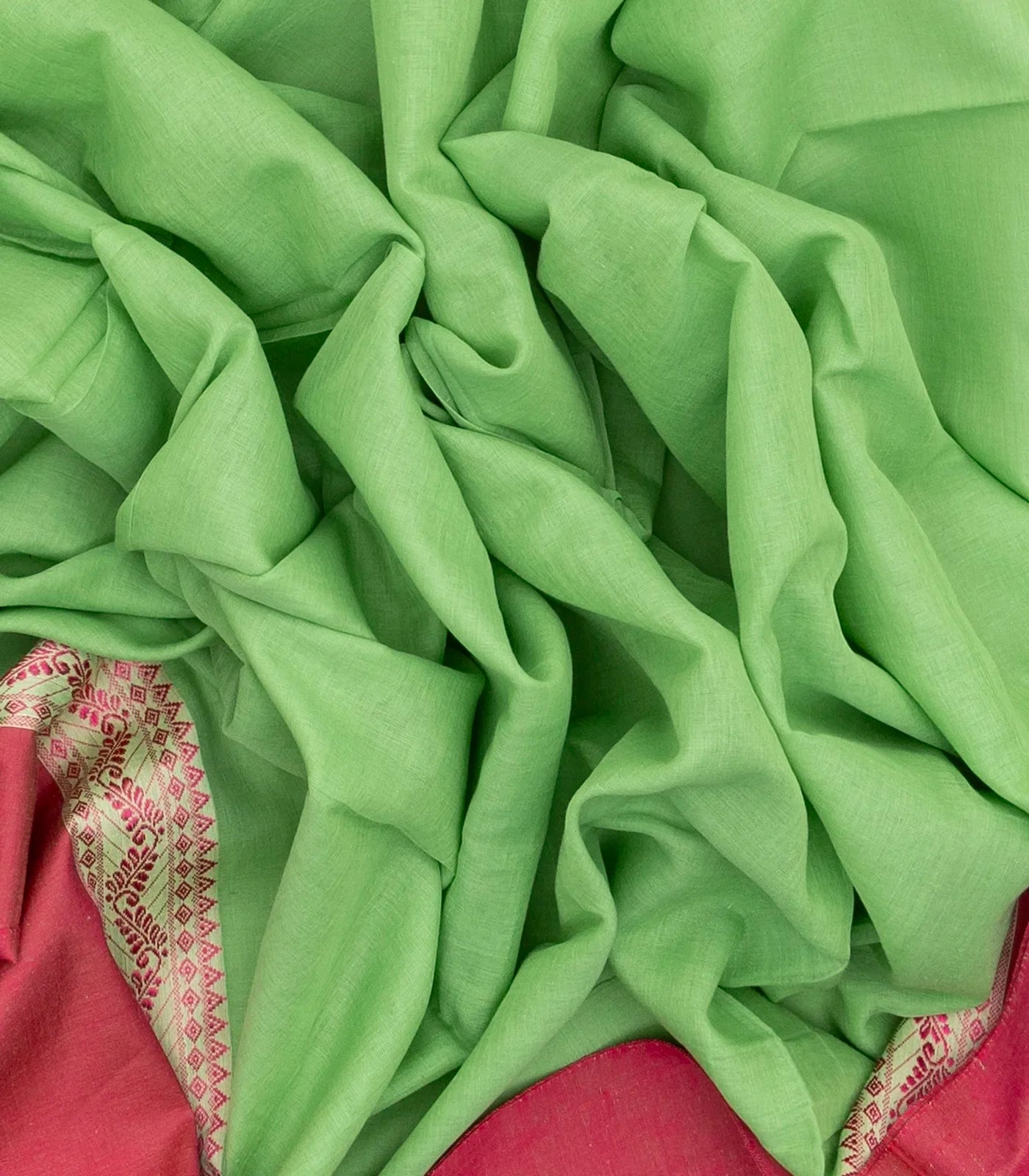 Mint Green Bengal Cotton Saree With Pink Border