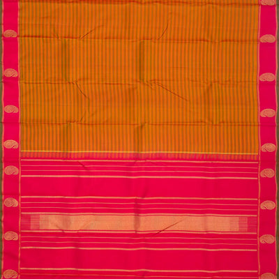 Orange Handloom Kanchipuram Silk Saree With Green Stripes