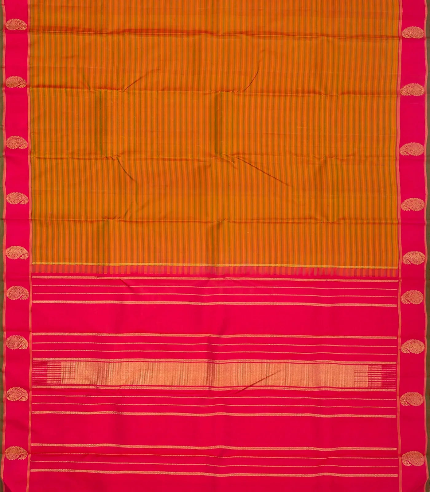 Orange Handloom Kanchipuram Silk Saree With Green Stripes