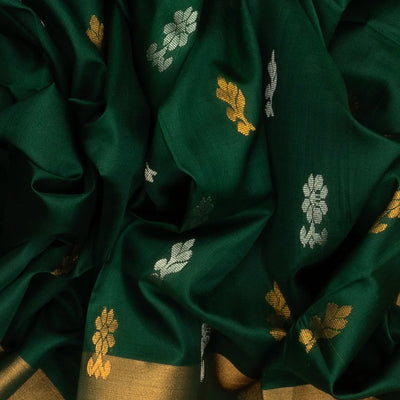 Dark Green Uppada Silk Saree With Floral Buttas & Tie & Dye Border