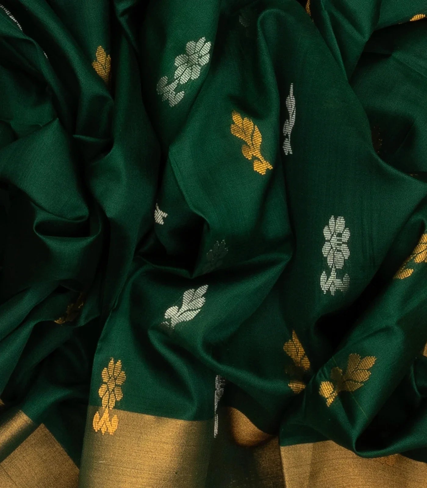 Dark Green Uppada Silk Saree With Floral Buttas & Tie & Dye Border