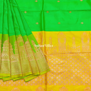 Green Banarasi Katan Silk Saree Inspired by Big Ben, London & United States Capitol, Washington DC