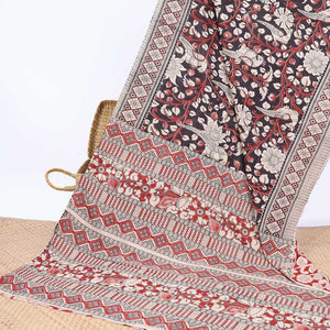 Brown floral & bird machine-print kalamkari cotton saree, contrast diamond border & floral & geometric pallu