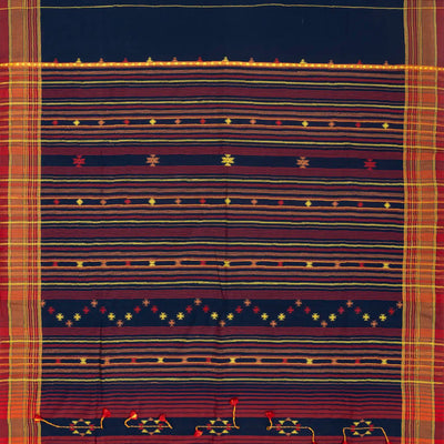 Midnight Blue Handloom Bhujodi Cotton Saree With Stripes