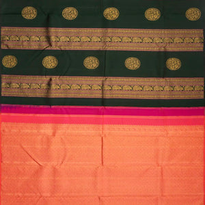 Bottle Green Handloom Kanchipuram Silk Saree With Stripes & Buttas