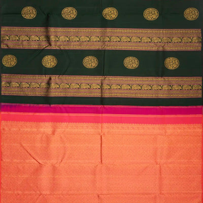Bottle Green Handloom Kanchipuram Silk Saree With Stripes & Buttas