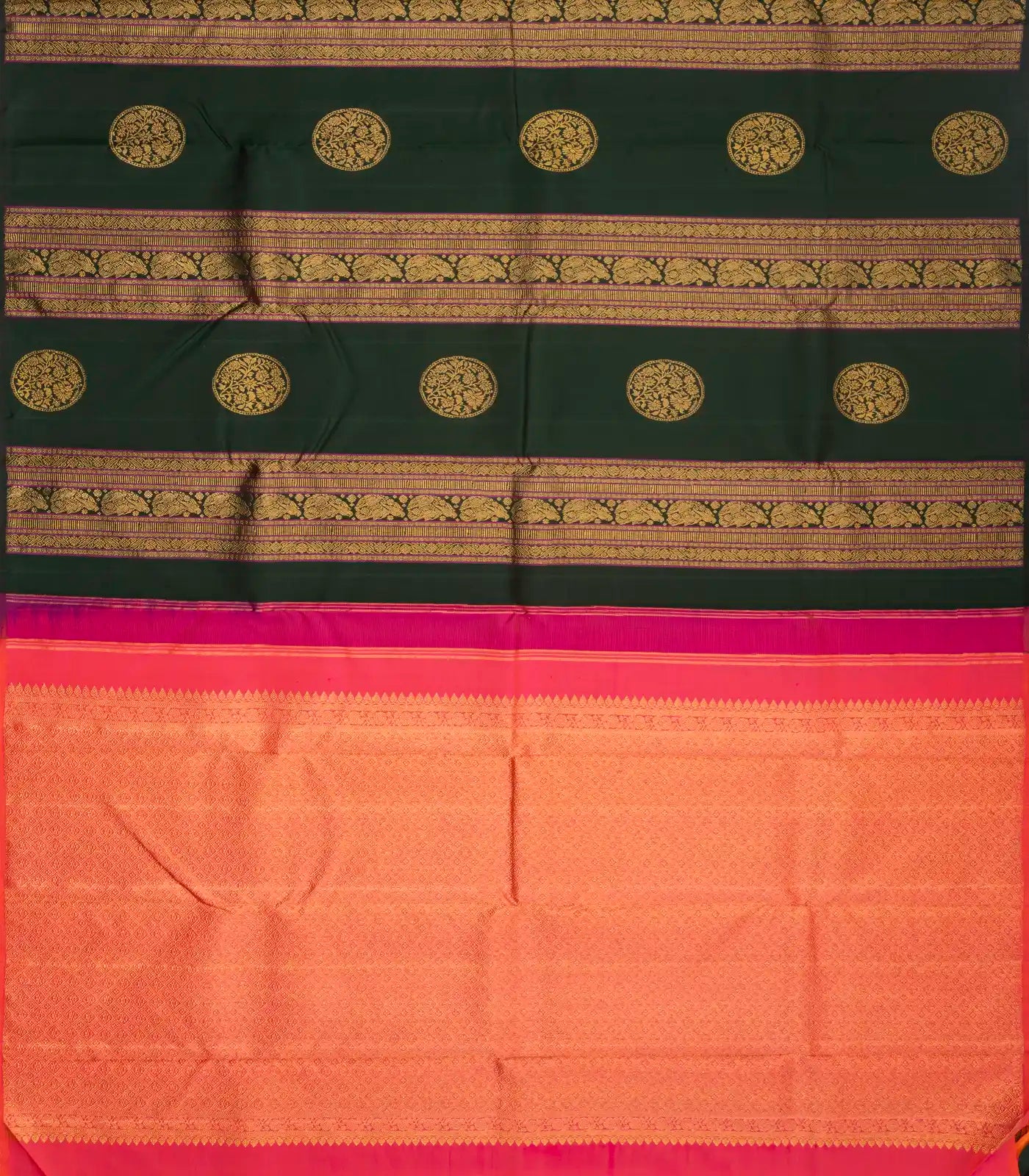 Bottle Green Handloom Kanchipuram Silk Saree With Stripes & Buttas