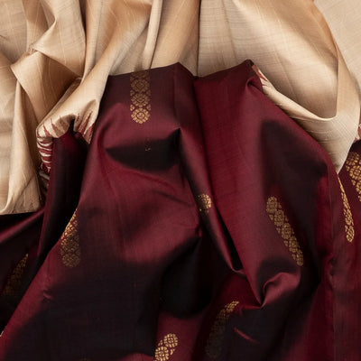 Taupe & Maroon Handloom Kanchipuram Half & Half Korvai Silk Saree