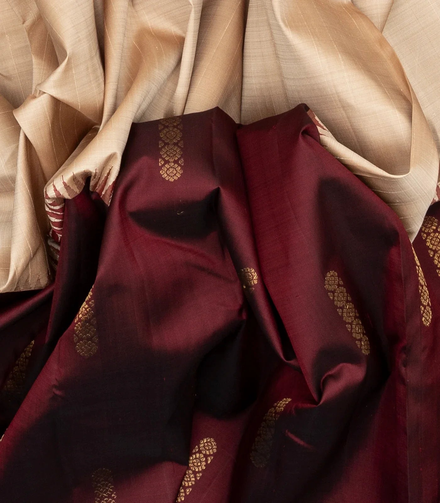 Taupe & Maroon Handloom Kanchipuram Half & Half Korvai Silk Saree