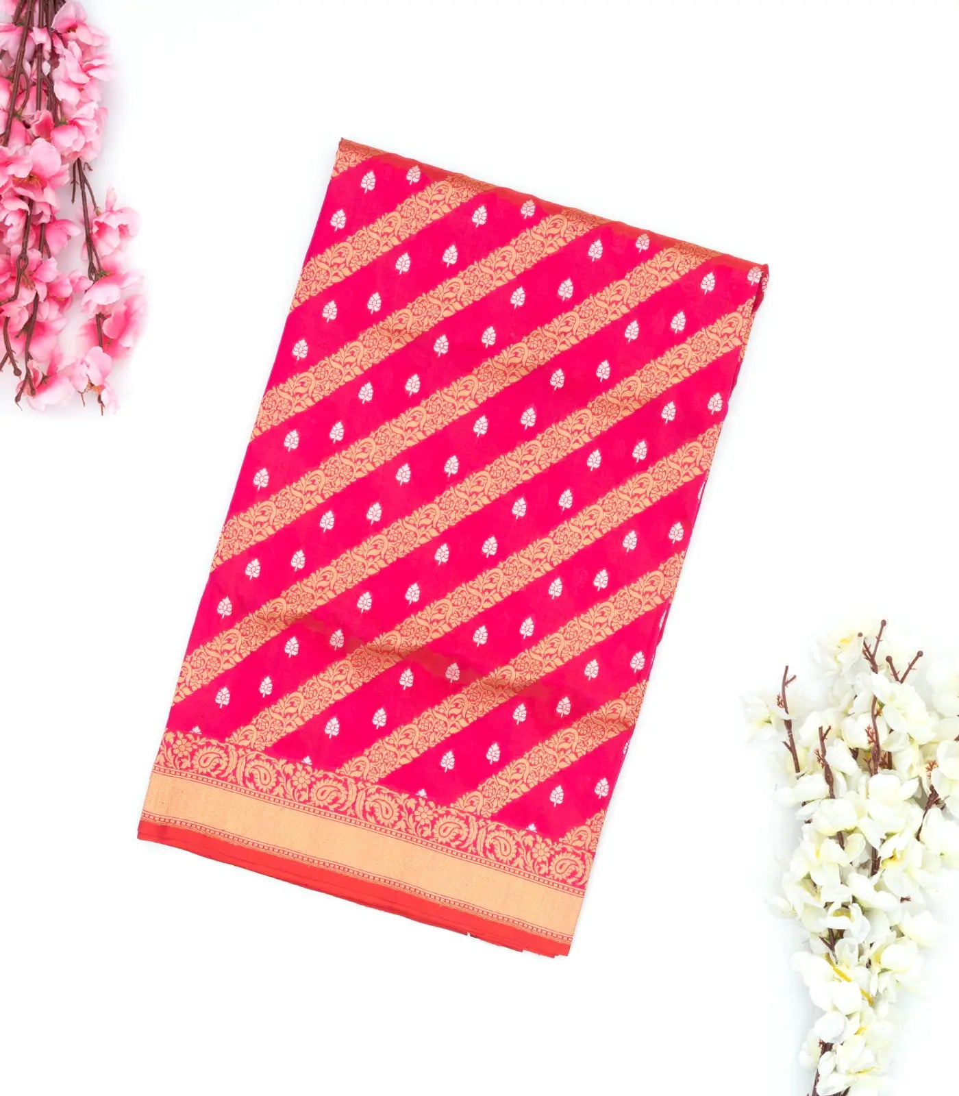 Pink Handwoven Banarasi Silk Saree With Diagonal Floral Motifs