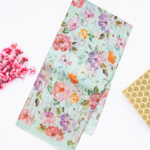 Turquoise Handloom Tussar Linen Blend Silk Saree Printed With Floral Motifs