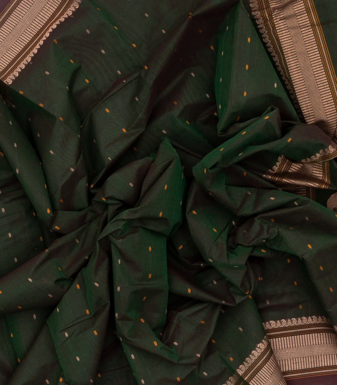 Bottle Green Handloom Kanchi Cotton Saree With Mango Motifs