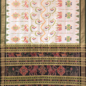 Off-White Animal Flower Theme Khandua Silk Saree