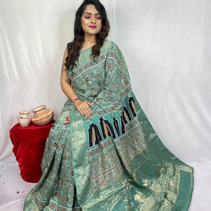 Dola Silk Original Handblocked  Ajrakh work Saree