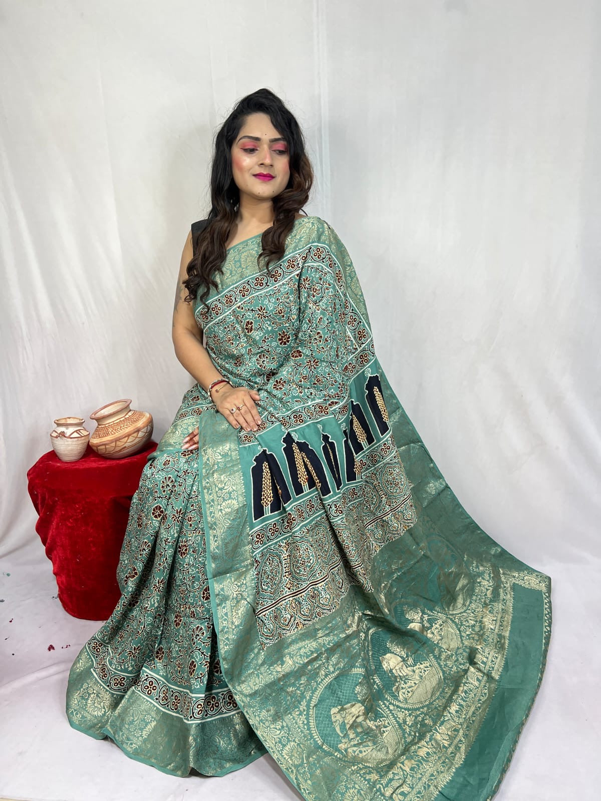 Dola Silk Original Handblocked  Ajrakh work Saree