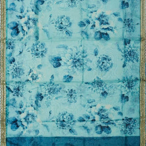 Turquoise Woven Organza Printed Saree With Embroidered Border