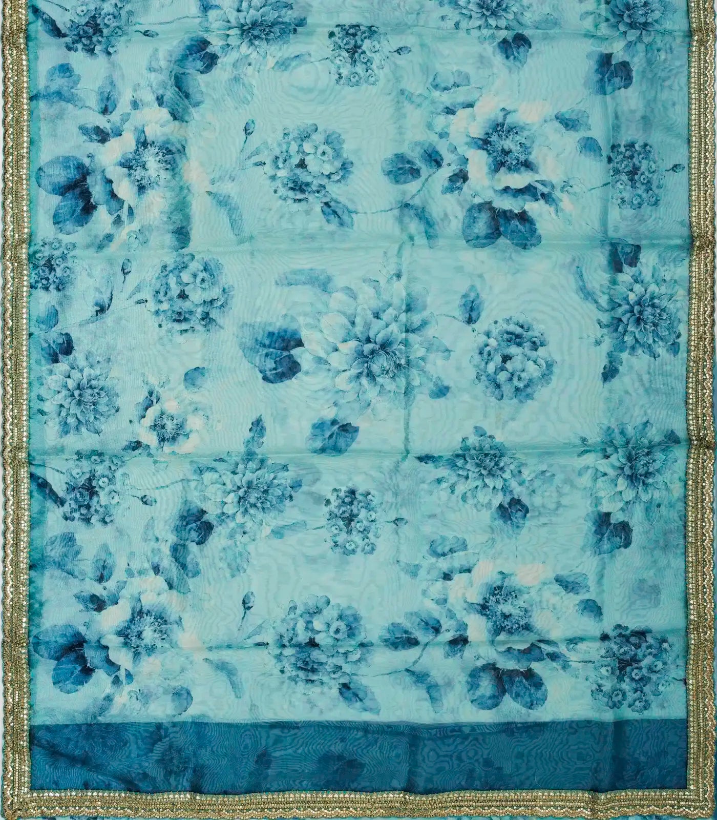 Turquoise Woven Organza Printed Saree With Embroidered Border