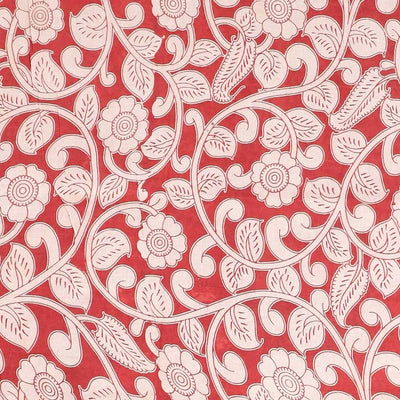 Brown floral & bird machine-print kalamkari cotton saree, contrast diamond border & floral & geometric pallu