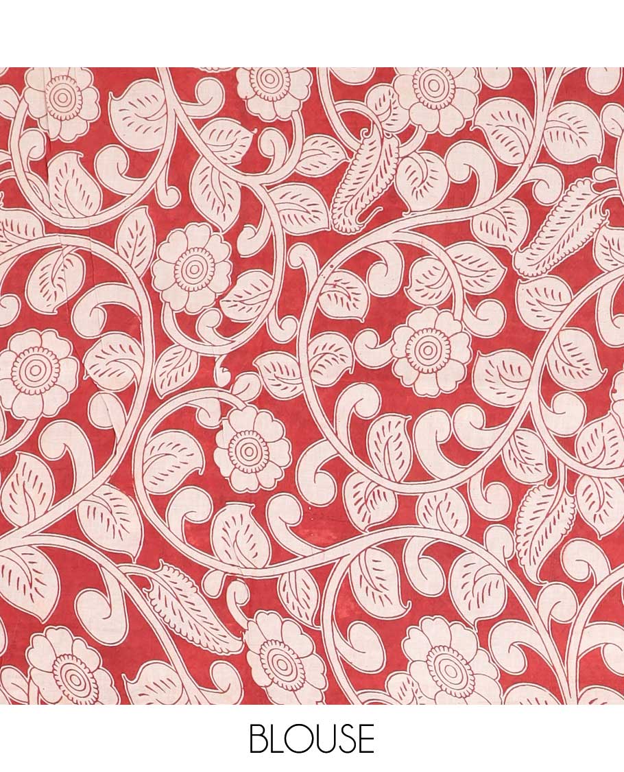 Brown floral & bird machine-print kalamkari cotton saree, contrast diamond border & floral & geometric pallu