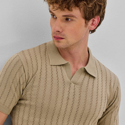 Beige Knitted Polo T-Shirt