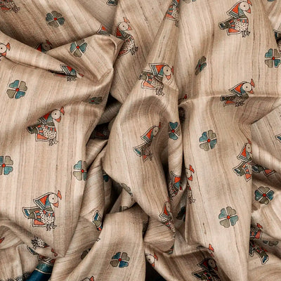 Taupe Handwoven Tussar Silk Saree With Printed Bird Motifs