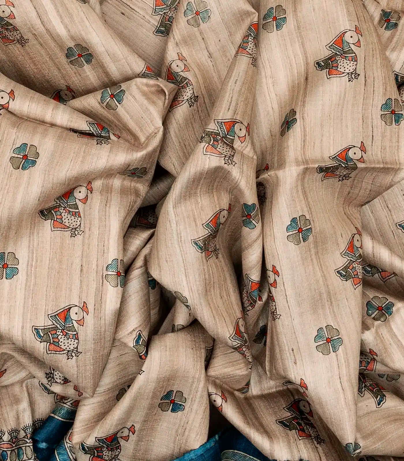 Taupe Handwoven Tussar Silk Saree With Printed Bird Motifs