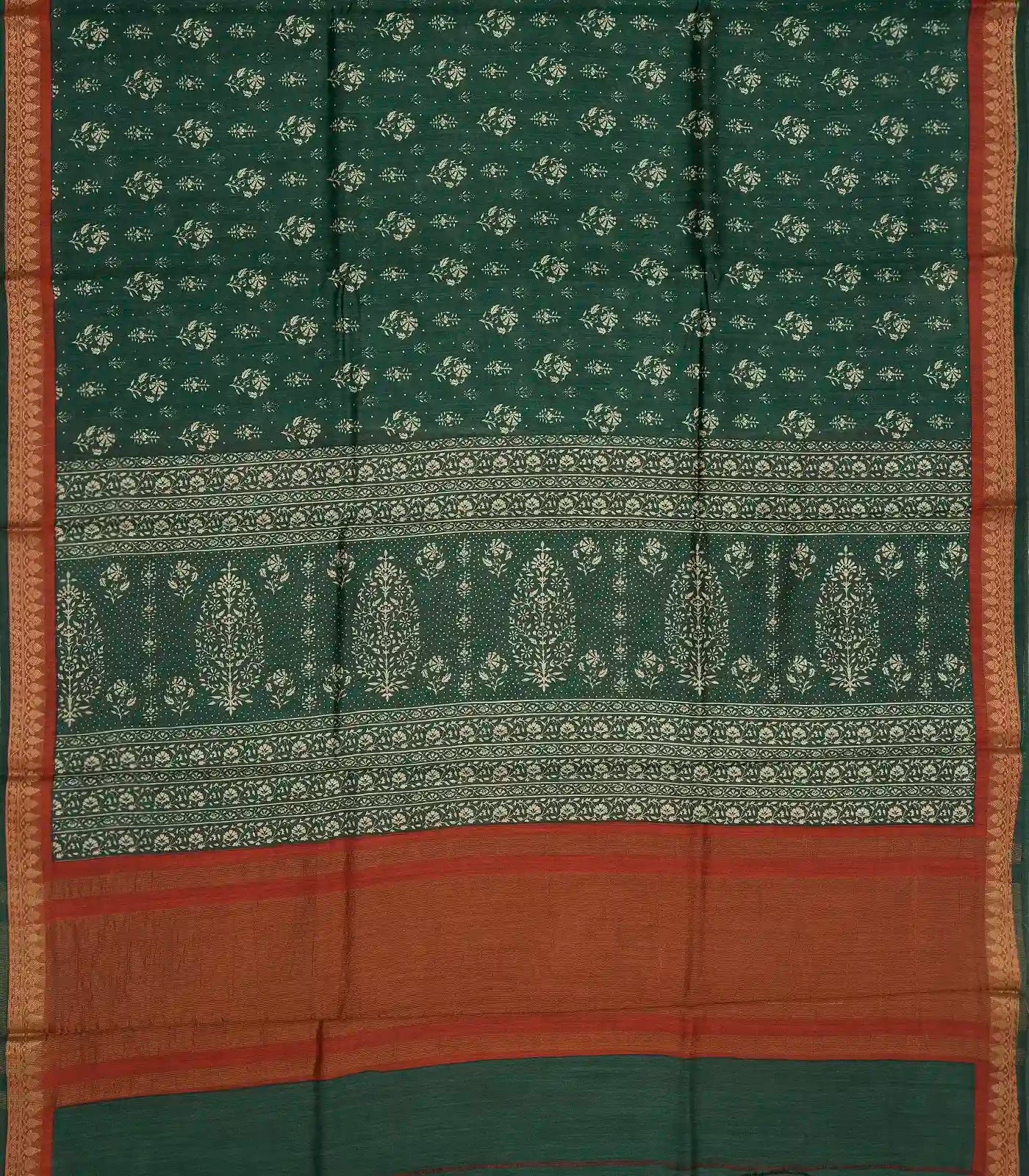 Dark Green Tussar Silk Saree Is Printed With Floral Motifs