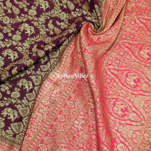 Wine Banarasi Georgette Shikargah Saree