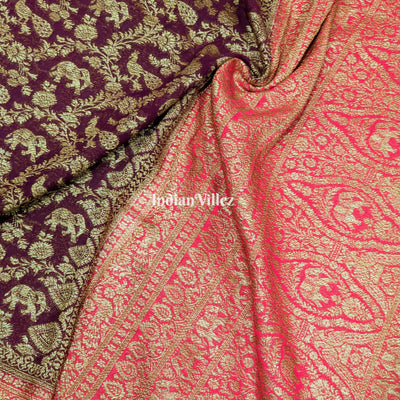 Wine Banarasi Georgette Shikargah Saree