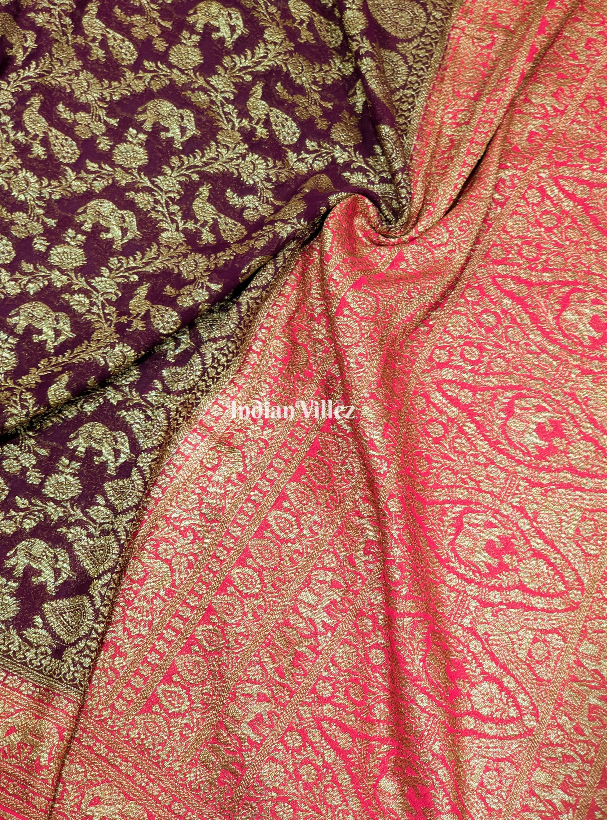 Wine Banarasi Georgette Shikargah Saree
