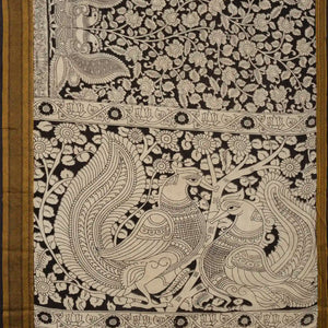 Black Handloom Kalamkari Cotton Saree With Printed Annam Motifs