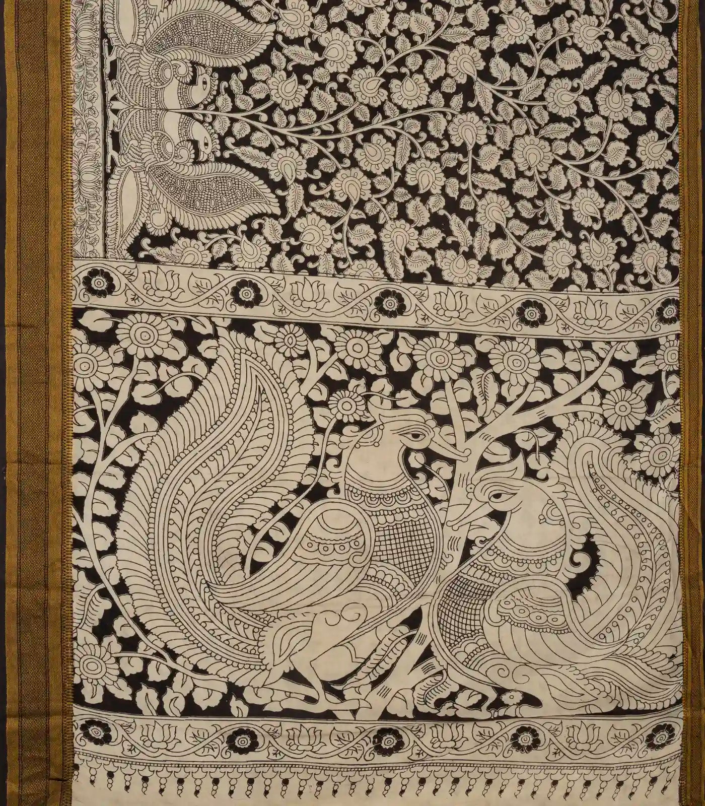 Black Handloom Kalamkari Cotton Saree With Printed Annam Motifs