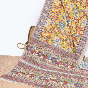 Yellow floral & bird machine-print kalamkari cotton saree, contrast diamond border & kaleidoscopic floral printed pallu