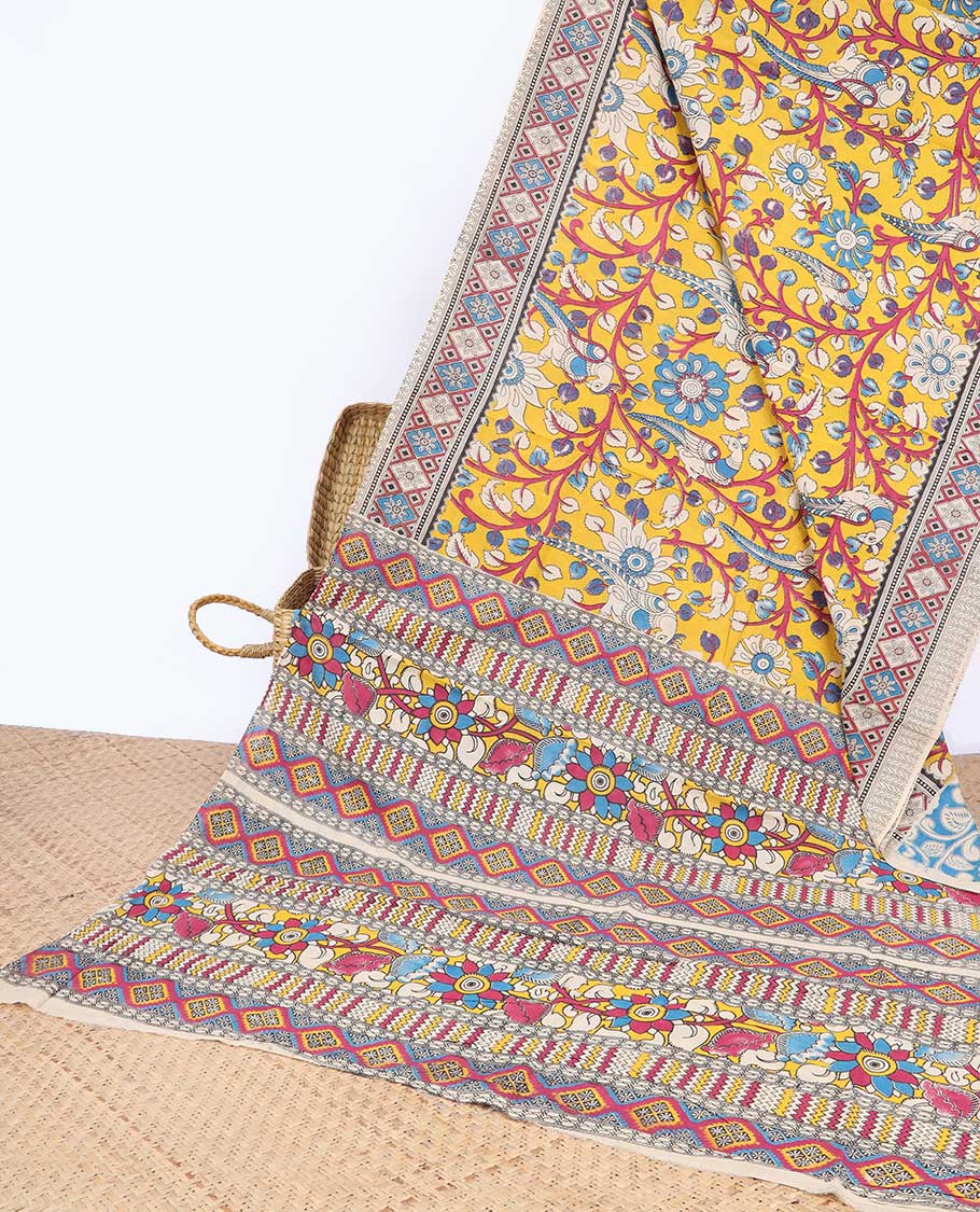 Yellow floral & bird machine-print kalamkari cotton saree, contrast diamond border & kaleidoscopic floral printed pallu