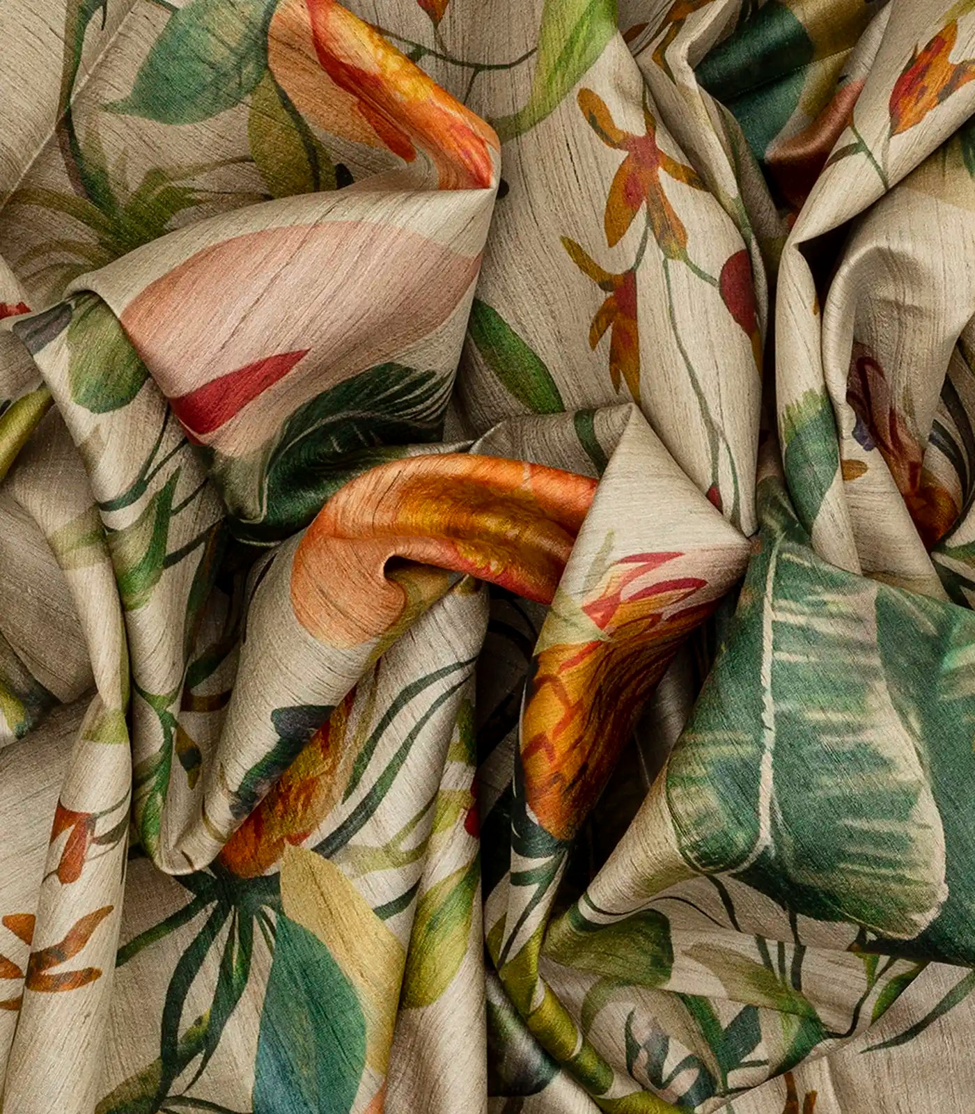 Taupe Handloom Tussar Silk Saree With Printed Bird Motifs-Taupe