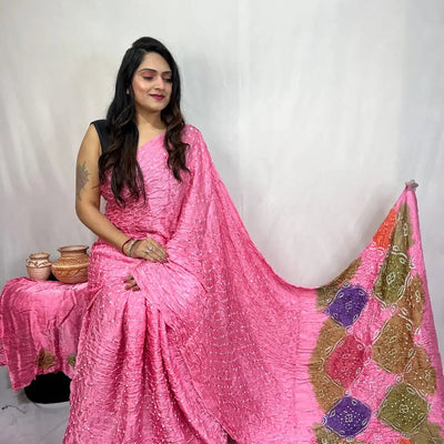 Pure Modal Silk Barik Bandhej Lagdi Pallu Bandhani Saree