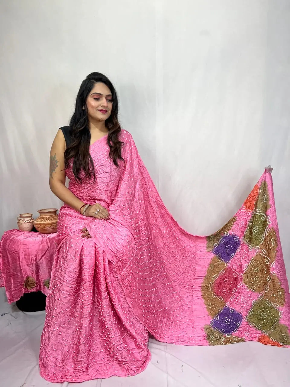 Pure Modal Silk Barik Bandhej Lagdi Pallu Bandhani Saree