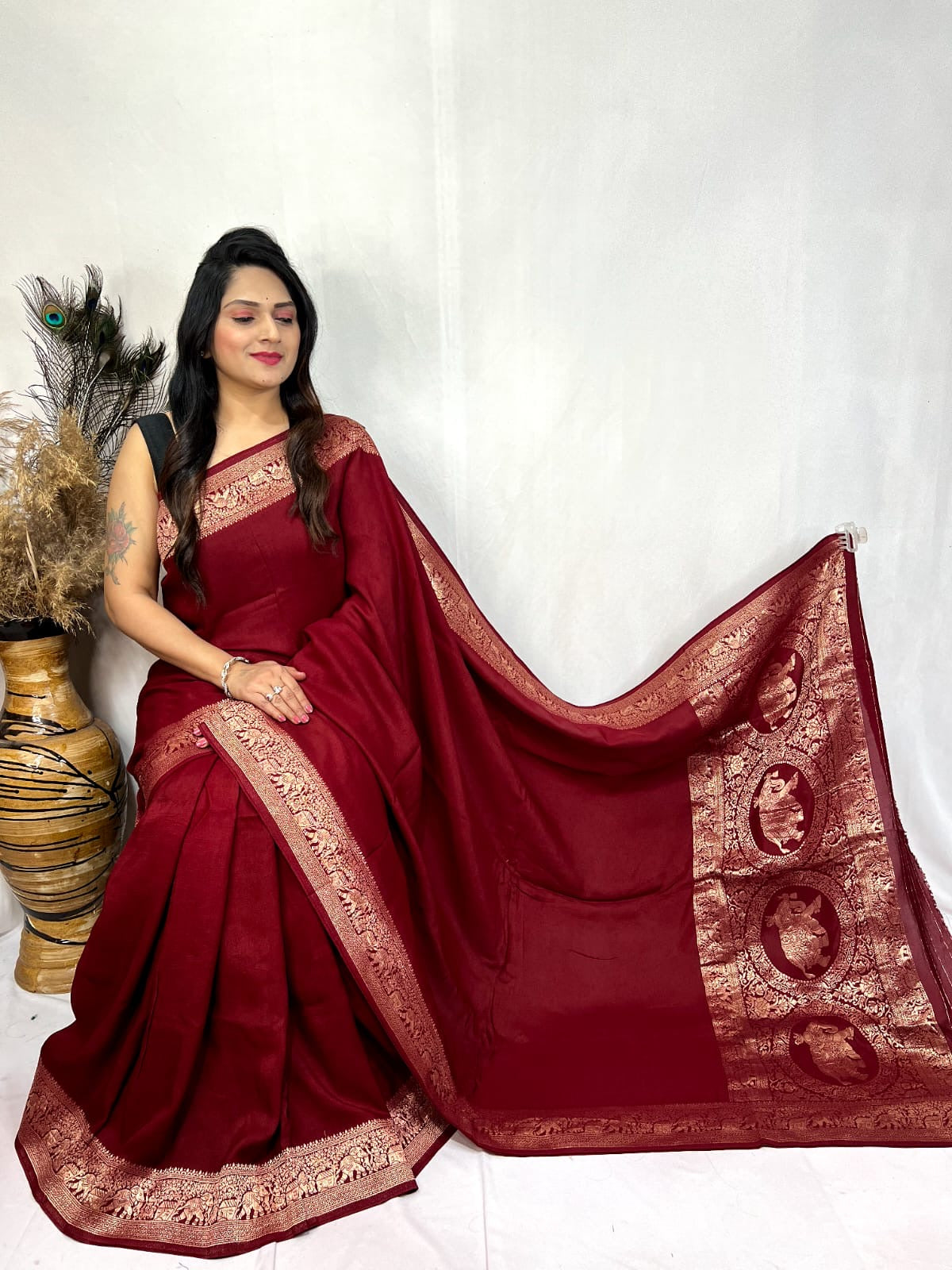 Dola Silk Golden Zari Border Saree