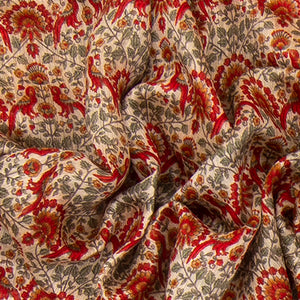 Beige Handwoven Printed Tussar Silk Saree With Bird Motifs and Contrast Red Border-Beige