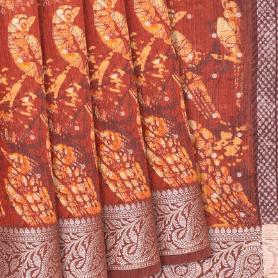 Rust Handwoven Printed Tussar Silk Saree With Bird Motifs-Rust